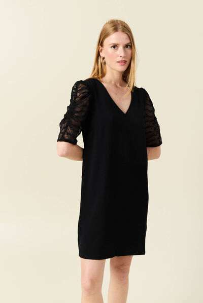 Robe droite manches 3/4 noir femme