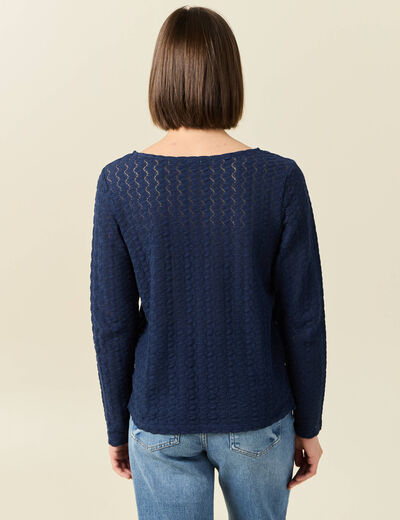 T-shirt manches longues ajouré bleu marine femme
