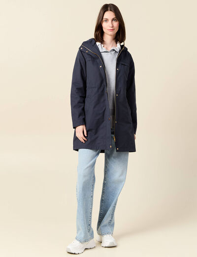 Parka longue à capuche bleu foncé femme