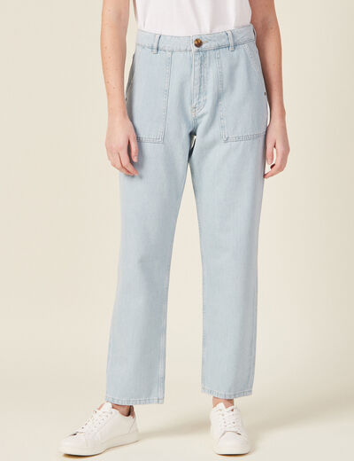 Jeans cargo taille haute denim bleach femme
