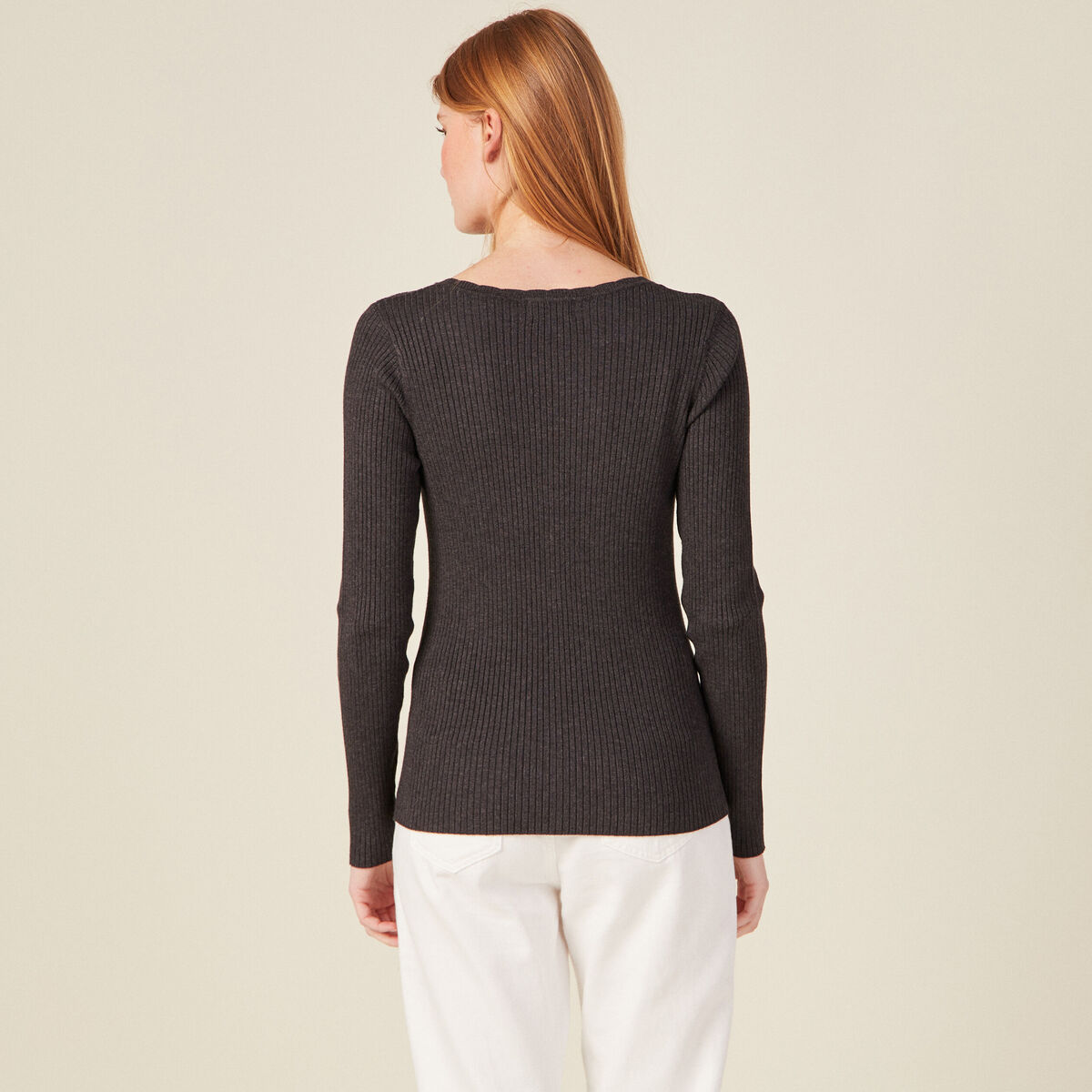 Gilet manches longues col v gris fonc&eacute; femme
