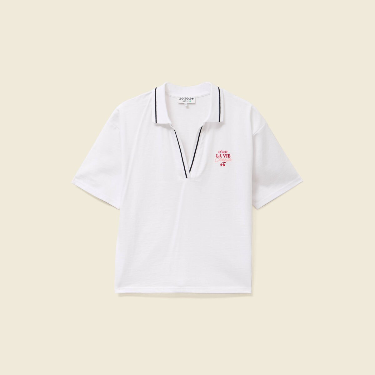 T-shirt droit court col V en coton blanc femme