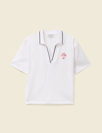 T-shirt droit court col V en coton blanc femme