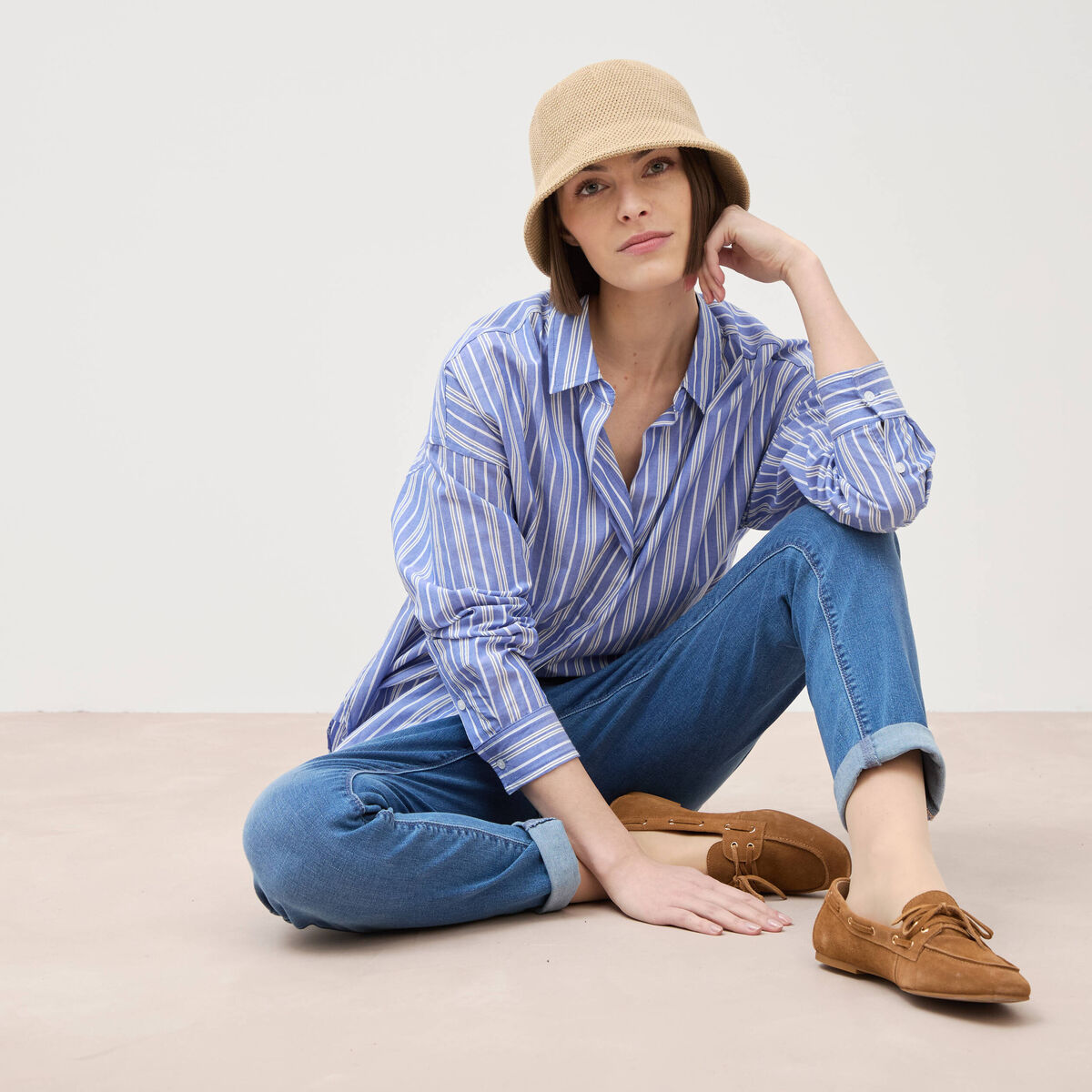 Jeans girlfriend taille haute denim stone femme