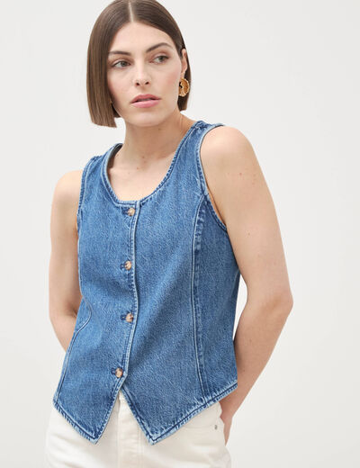 Gilet en jeans sans manches col rond denim used femme
