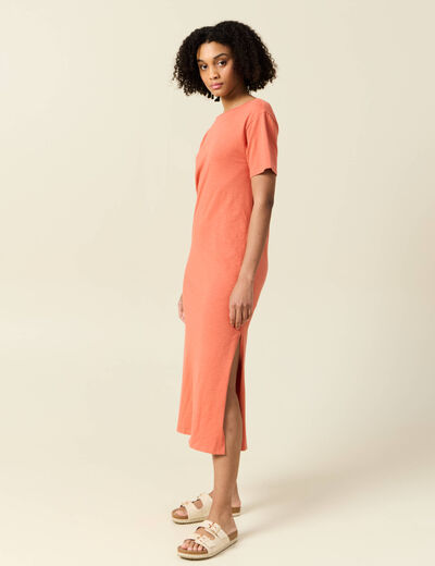 Robe longue droite col rond terracotta femme