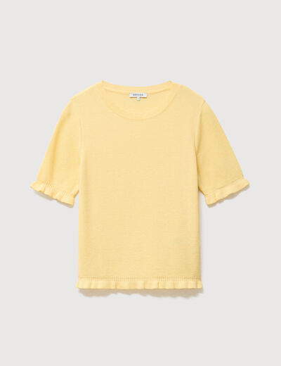 Pull droit col rond manches courtes jaune clair femme