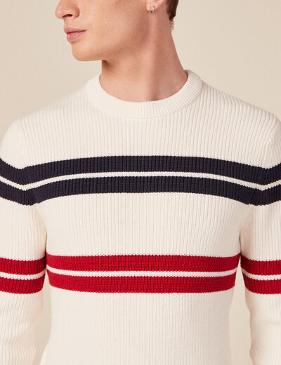 Pull fin ray&eacute; col rond manches longues ecru homme