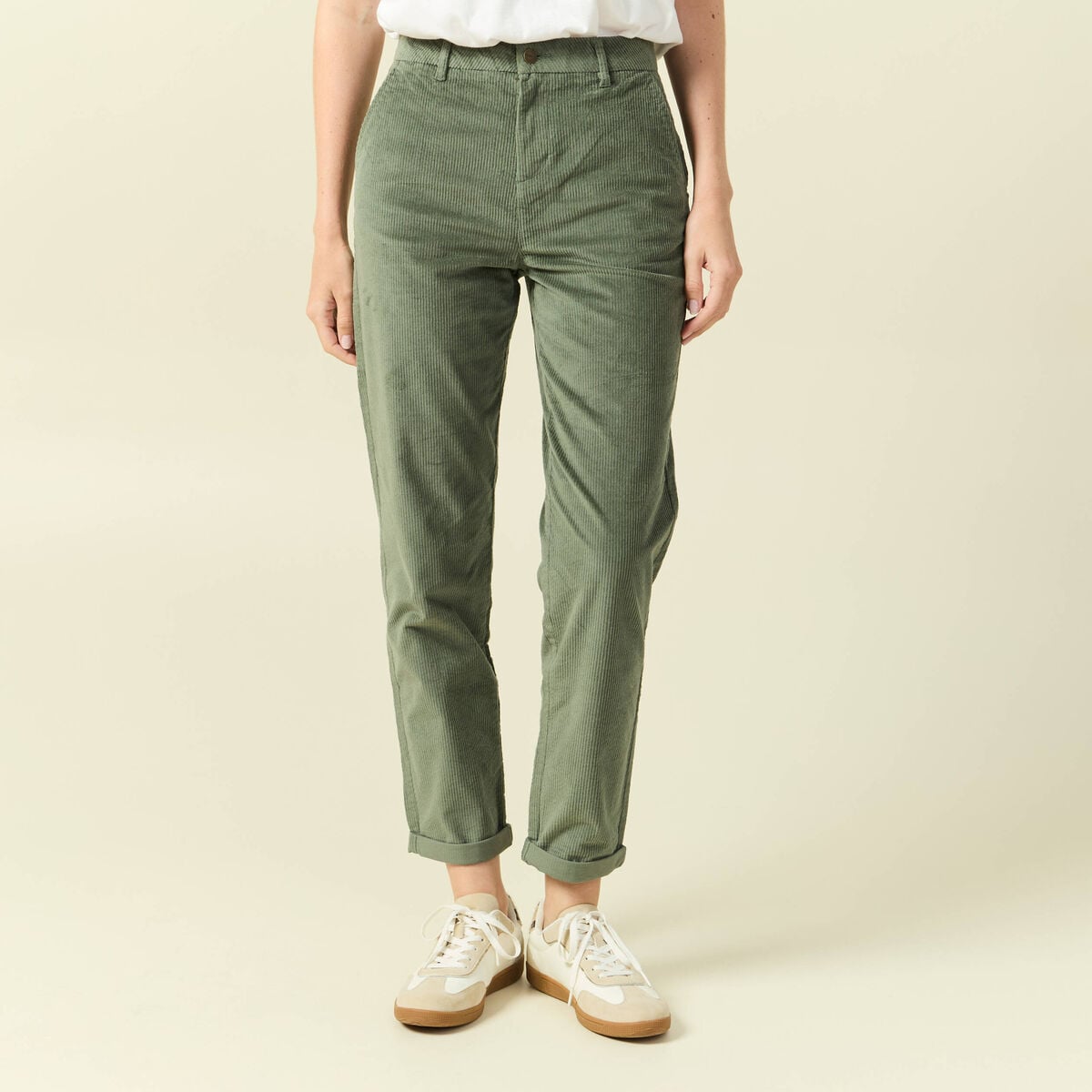 Pantalon large 7/8&egrave;me taille haute vert kaki femme