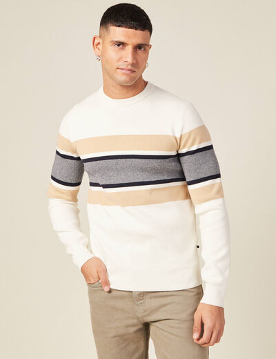 Pull fin col rond manches longues ecru homme