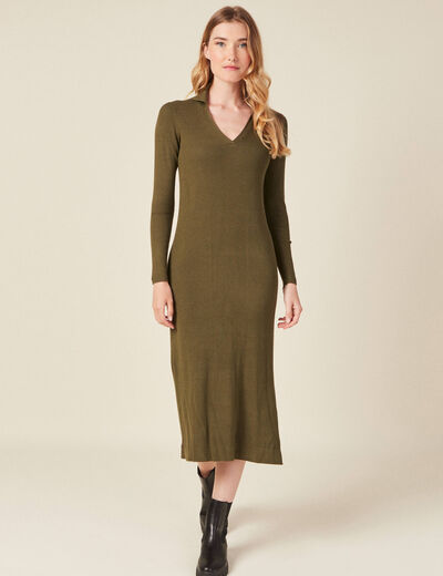 Robe pull longue moulante vert kaki femme