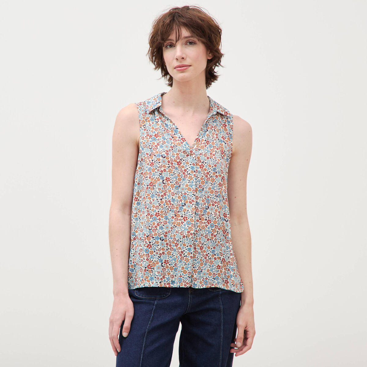 Blouse sans manches bleu gris femme