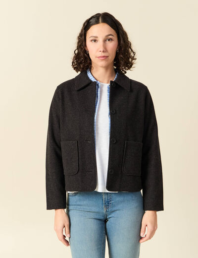 Cardigan droit court col classique gris fonc&eacute; femme