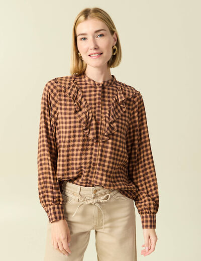 Chemise &agrave; volants manches longues marron fonc&eacute; femme
