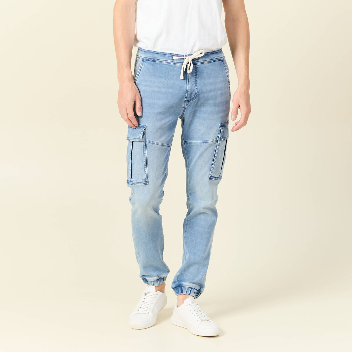 Jeans battle à coulisse denim bleach homme