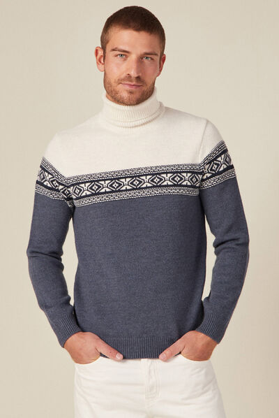 Pull manches longues col roulé ecru homme
