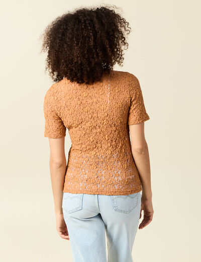 T-shirt cintré col rond dentelle terracotta femme