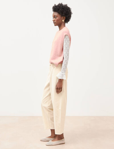 Pantalon taille haute velours resserr&eacute; ivoire femme