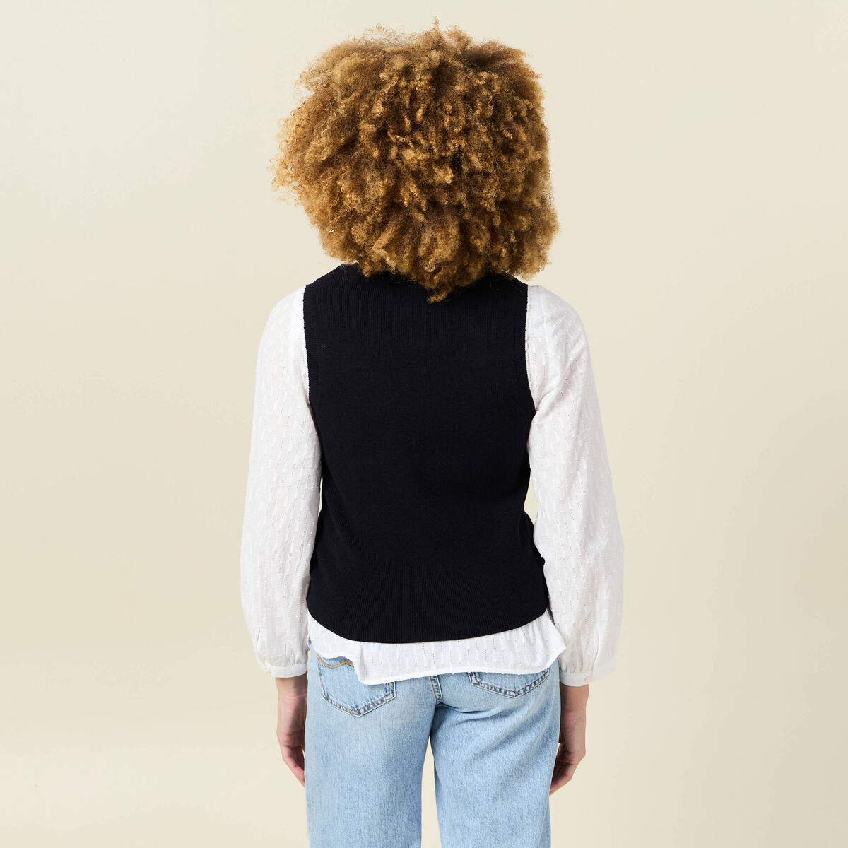 Pull sans manches col en V bleu marine femme
