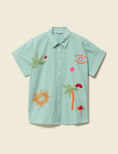Chemise ample en coton &agrave; broderie vert femme