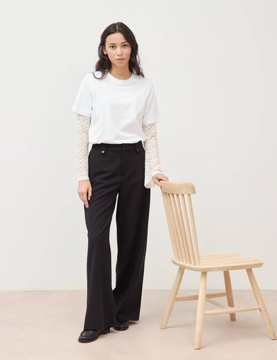 Pantalon large taille haute fluide noir femme