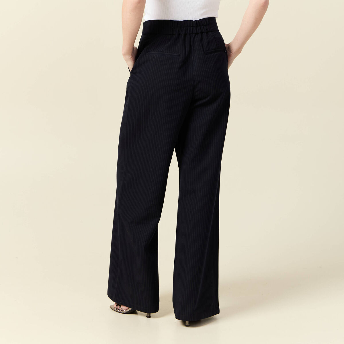 Pantalon large taille haute fluide bleu marine femme