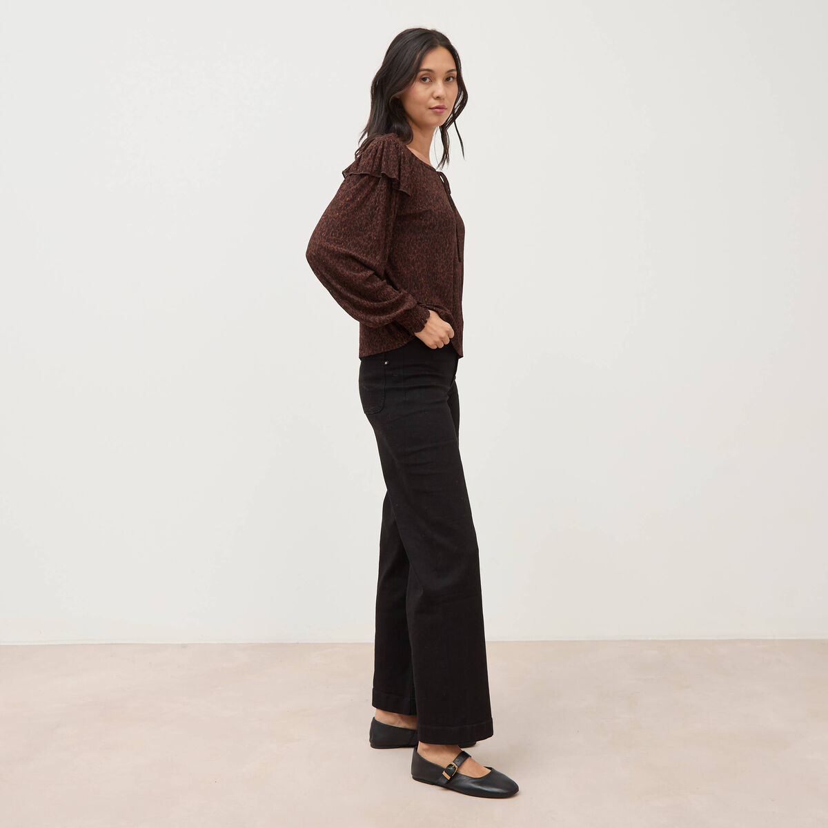 Blouse droite manches longues col rond marron chocolat femme