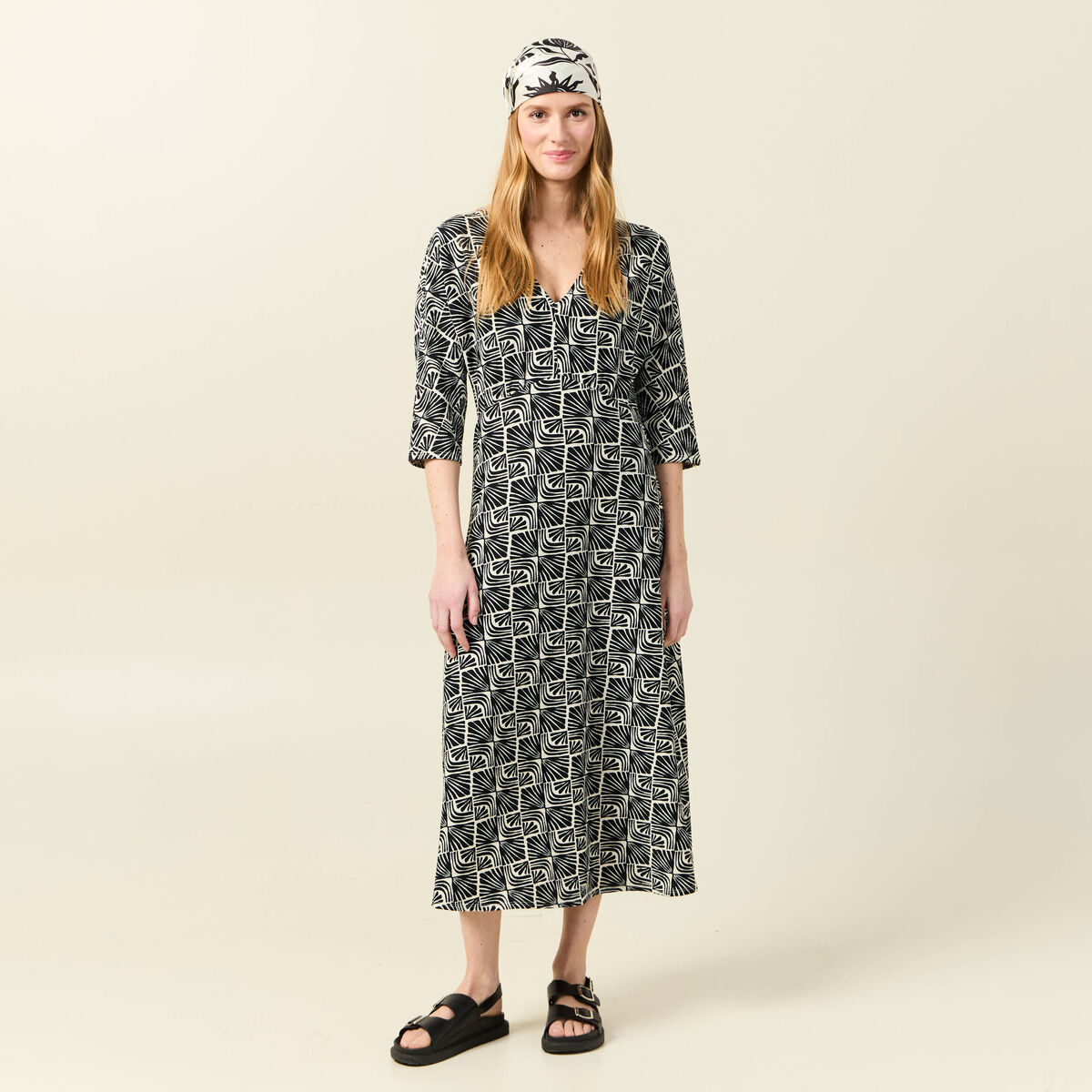 Robe midi droite manches 3/4 creme femme