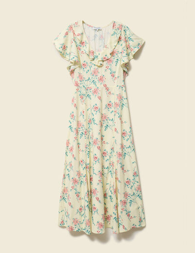 Robe longue &eacute;vas&eacute;e col v manches courtes jaune pastel femme