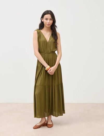 Robe fluide col v sans manches vert kaki femme