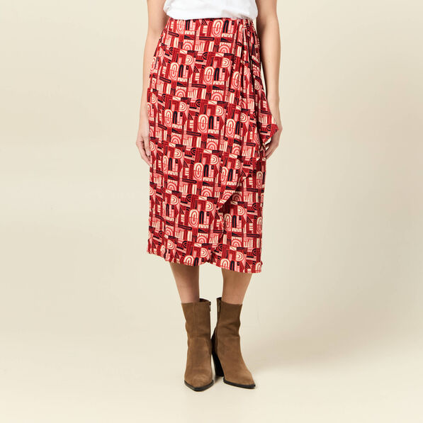 Jupe midi portefeuille fluide rouge foncé femme