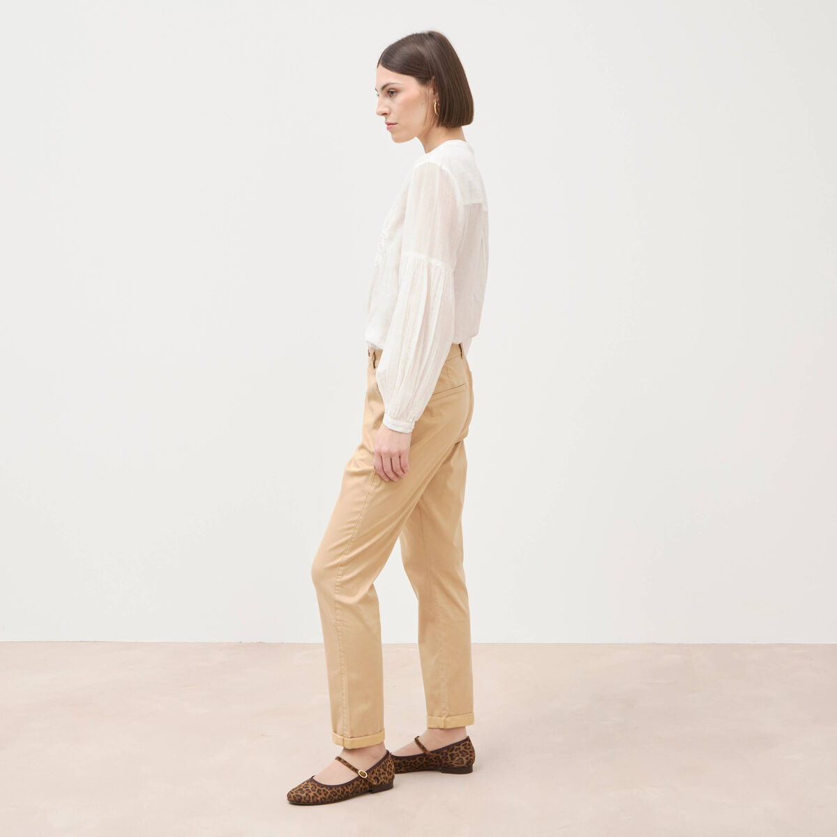 Chino cigarette 7/8&egrave;me taille haute marron clair femme