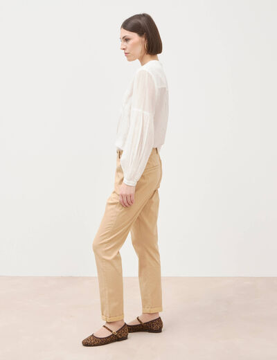 Chino cigarette 7/8&egrave;me taille haute marron clair femme
