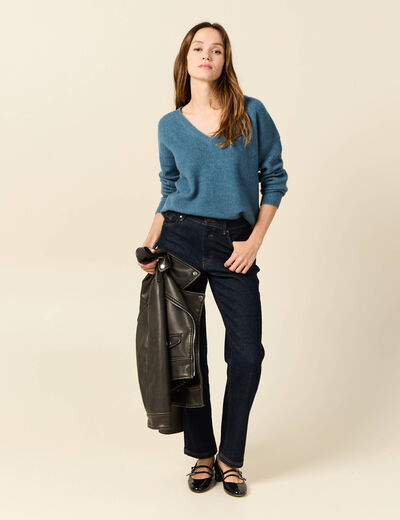 Pull manches longues col en V bleu gris femme