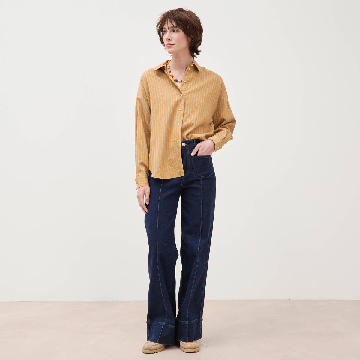 Chemise manches longues fluide camel femme