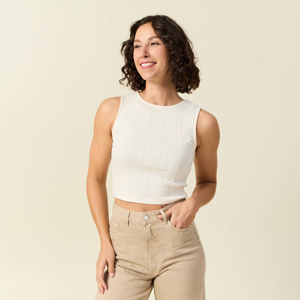 Débardeur cropped col rond en coton ivoire femme