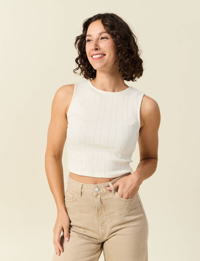 Débardeur cropped col rond en coton ivoire femme