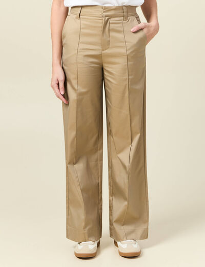 Pantalon large taille haute beige femme