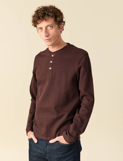 T-shirt cintr&eacute; en coton manches longues marron fonc&eacute; homme