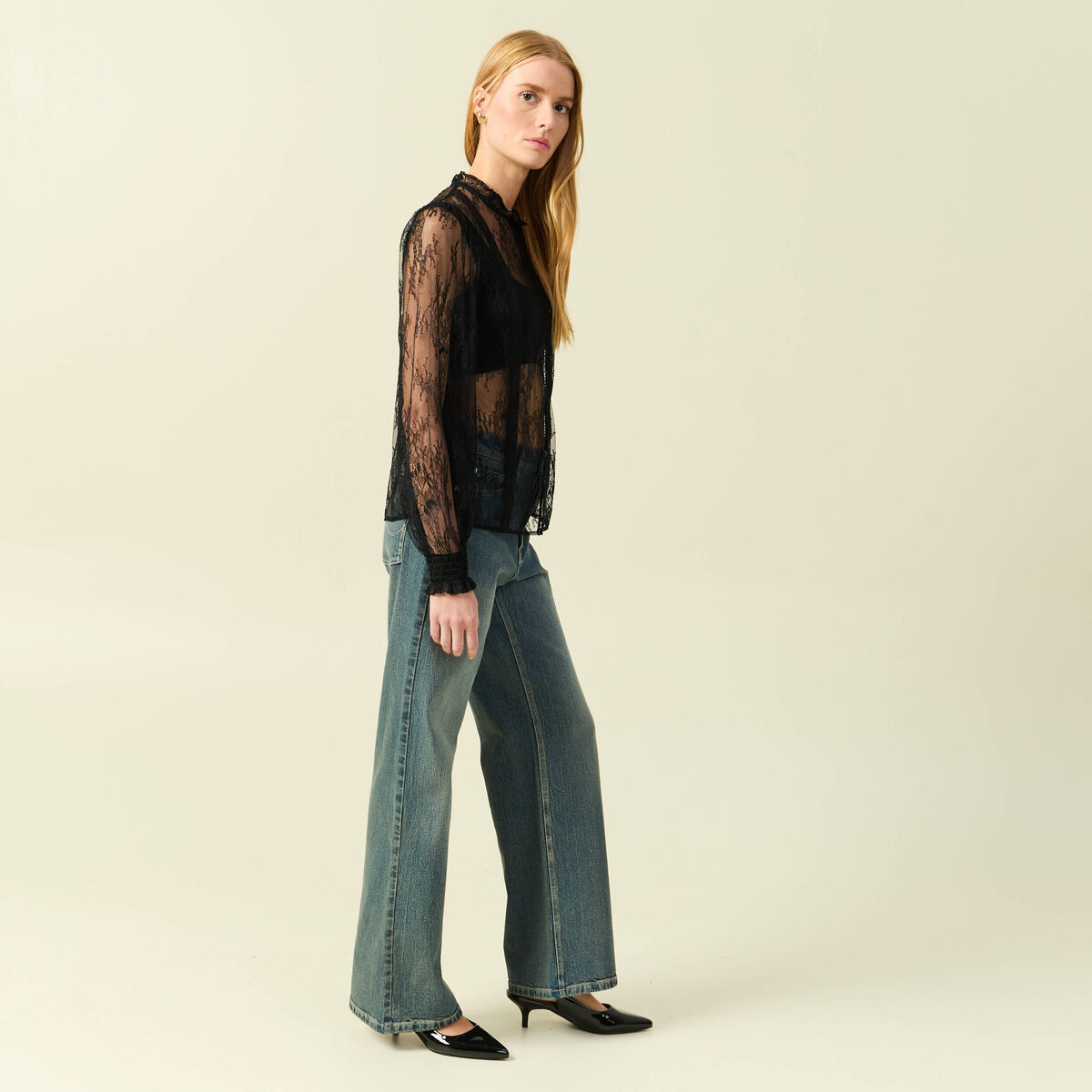 Chemise en dentelle manches longues noir femme
