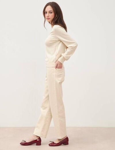 Pull droit col v manches longues creme femme