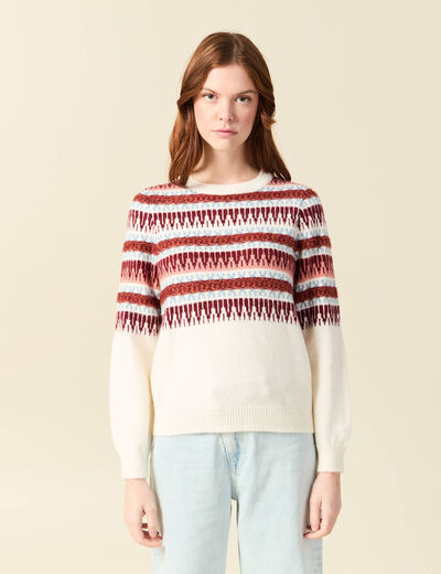 Pull manches longues col rond ecru femme