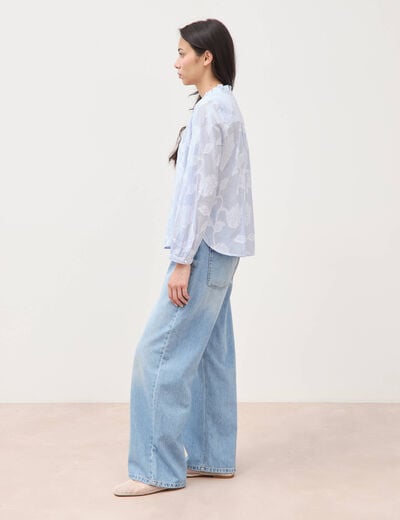 Chemise en coton col V manches longues bleu gris femme