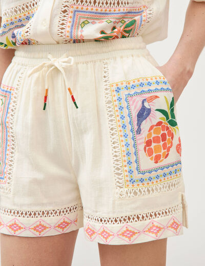 Short en coton avec doublure ecru femme