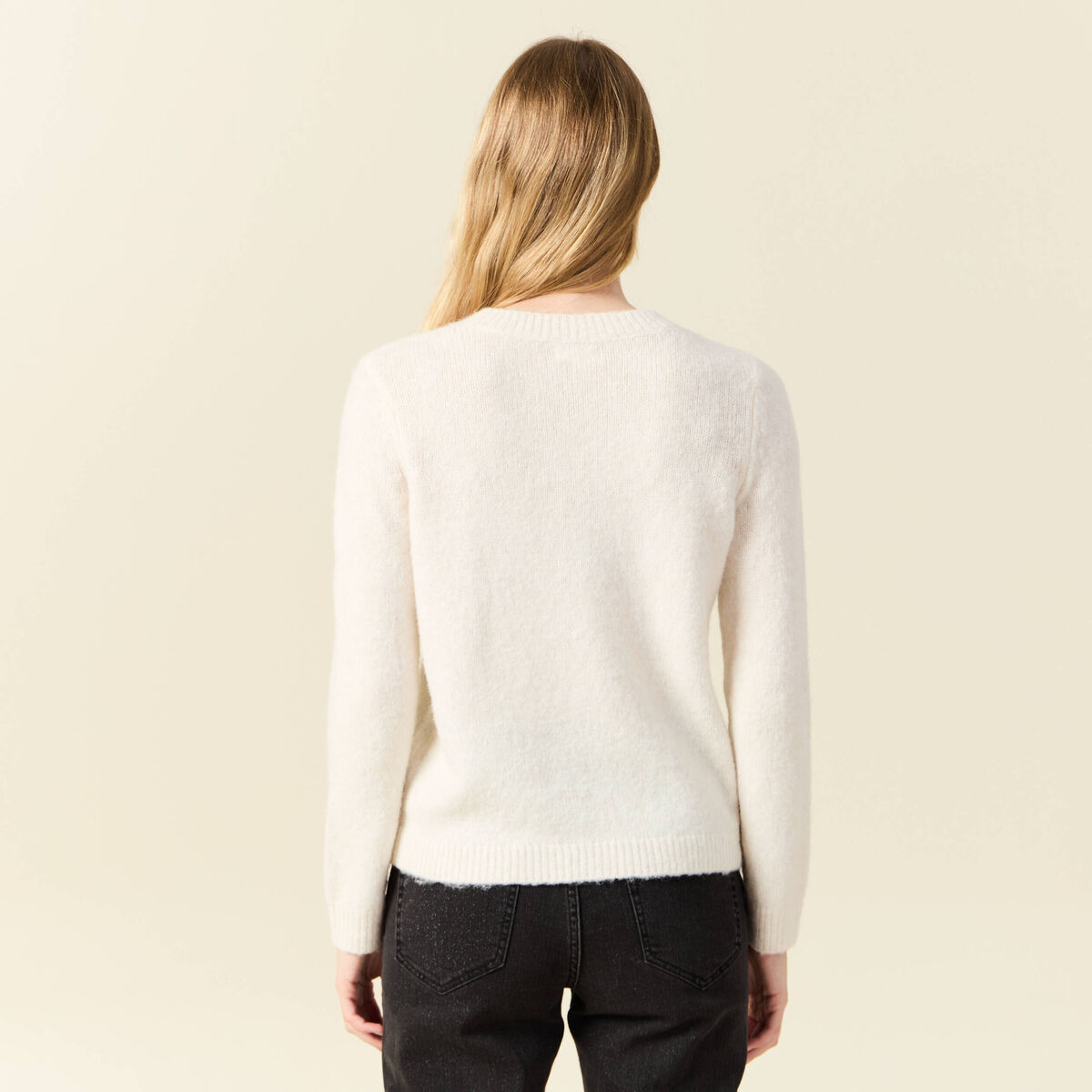 Pull manches longues perles ecru femme