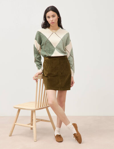 Jupe droite courte en velours vert olive femme