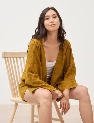 Gilet ajour&eacute; col v manches coude vert olive femme