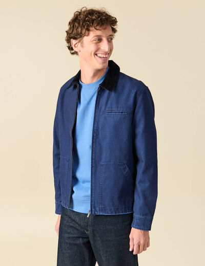 Blouson manches longues en coton bleu fonc&eacute; homme