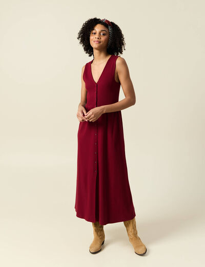 Robe longue droite boutons rouge femme