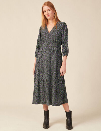 Robe droite 3/4 col v manches fluides noir femme